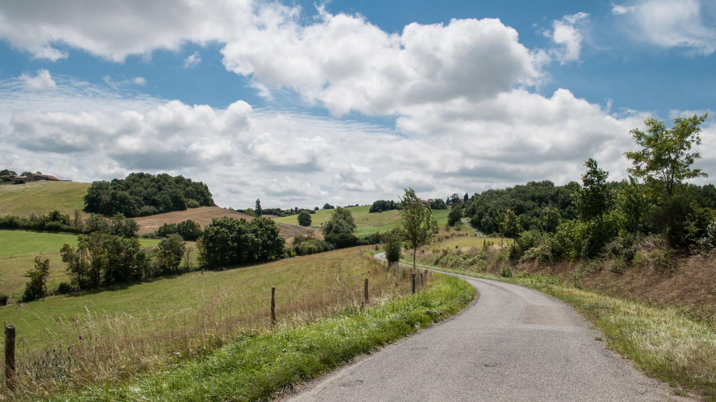 Asfalterad landsväg på landsbygden med gröna ängar och hagar. Blå himmel med stora vita moln.
