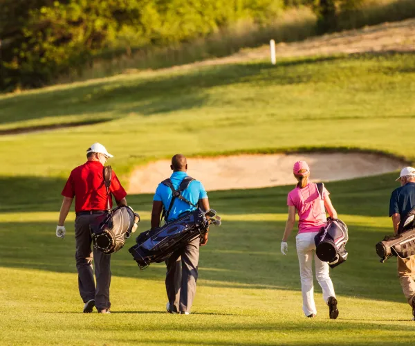 Ryggarna på fyra golfare i färglada kläder på en grön golfbana