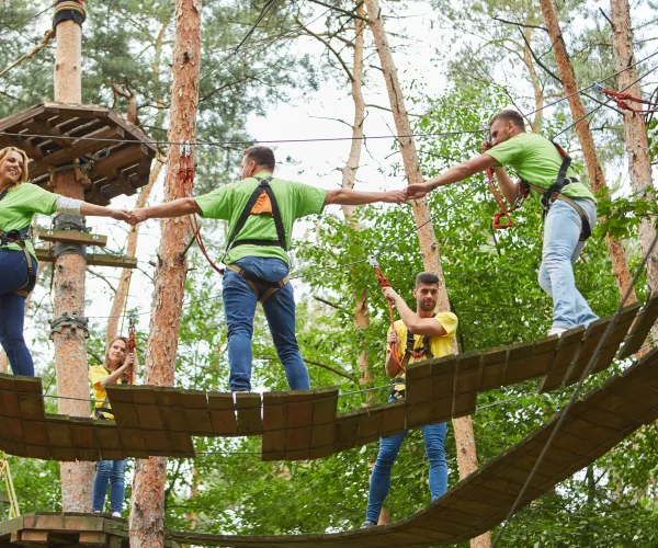 Grupp människor på en höghöjdsbana i skogen